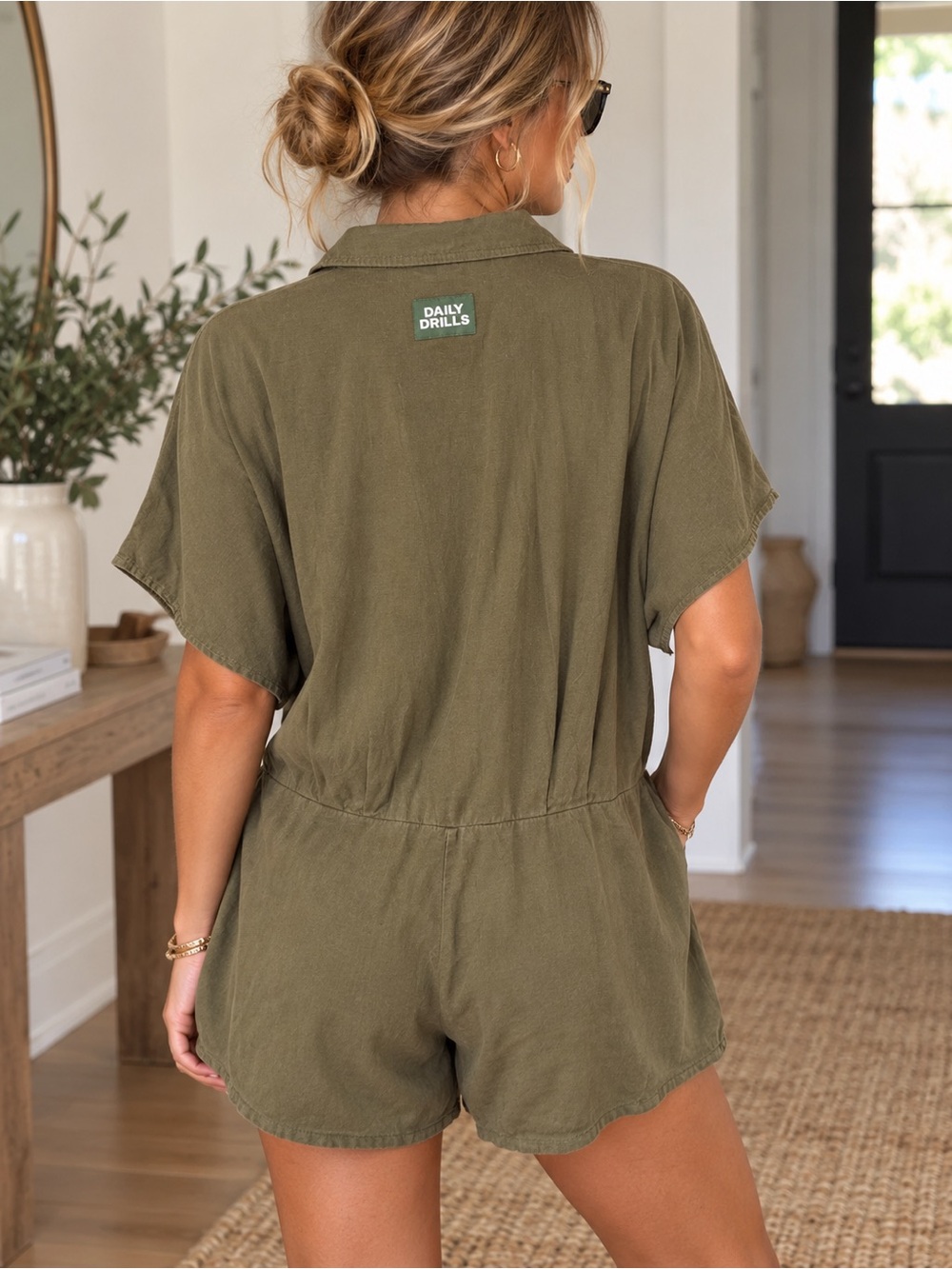(M/L) Daily Drills Women's Olive Green Short-Sleeve Romper